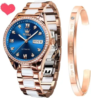 Women Mechanical extravagantly prominent Diamond Love Heart Dial Rose Gold Ceramic Band Waterproof Luminous Date Ladies Watches OLEVS Automatic Watches for 