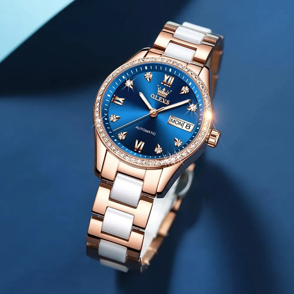 Women Mechanical extravagantly prominent Diamond Love Heart Dial Rose Gold Ceramic Band Waterproof Luminous Date Ladies Watches OLEVS Automatic Watches for 