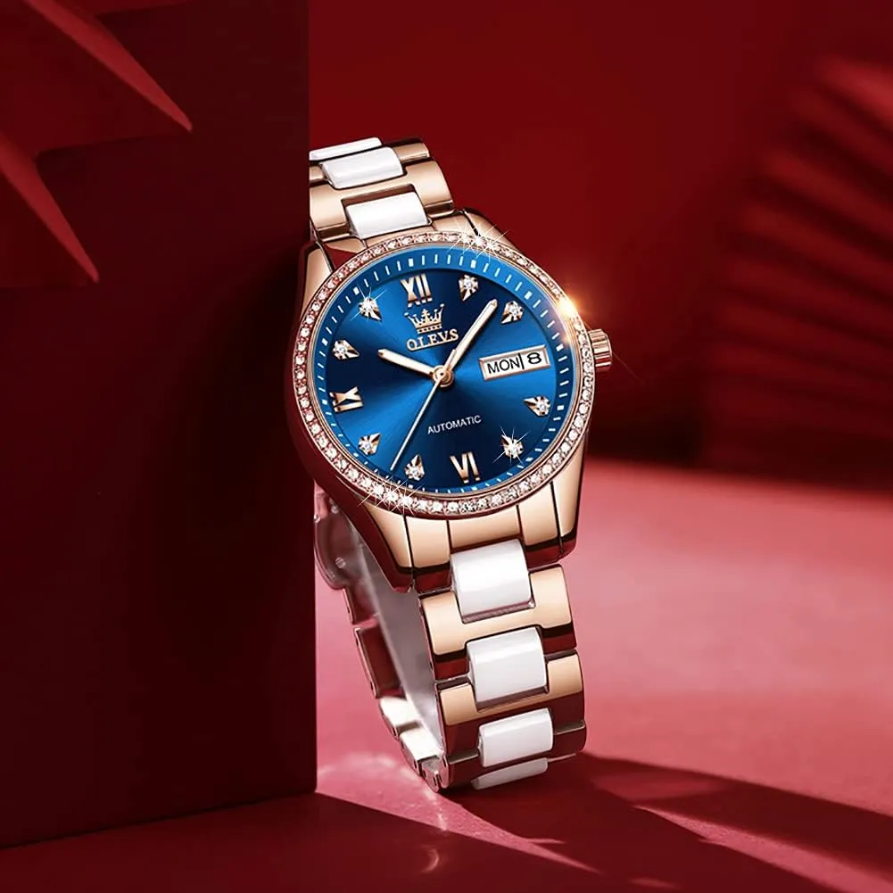Women Mechanical extravagantly prominent Diamond Love Heart Dial Rose Gold Ceramic Band Waterproof Luminous Date Ladies Watches OLEVS Automatic Watches for 