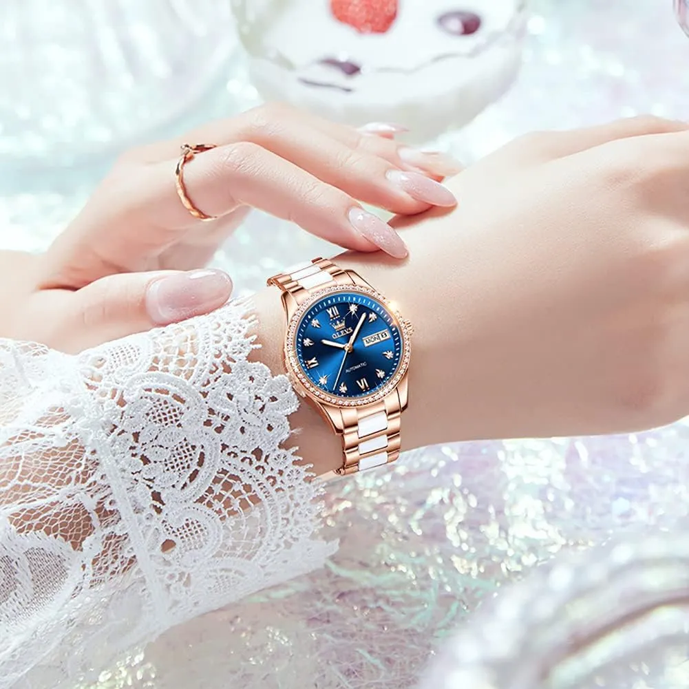 Women Mechanical extravagantly prominent Diamond Love Heart Dial Rose Gold Ceramic Band Waterproof Luminous Date Ladies Watches OLEVS Automatic Watches for 