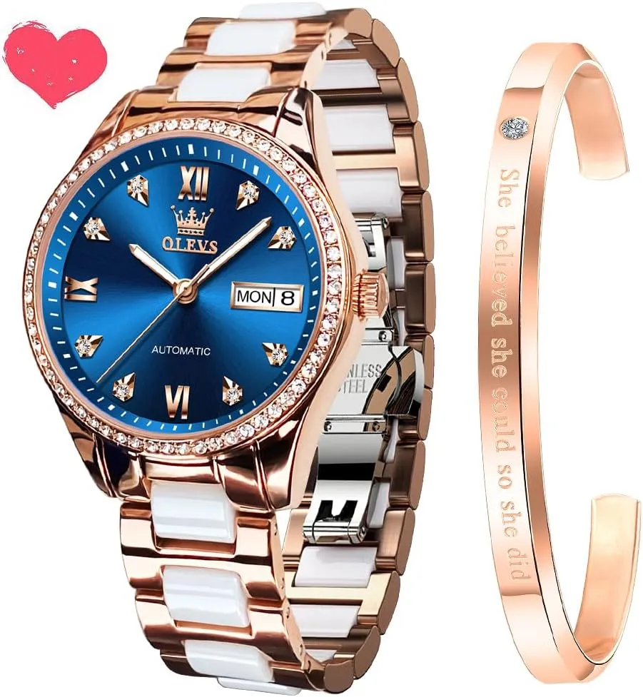 Women Mechanical extravagantly prominent Diamond Love Heart Dial Rose Gold Ceramic Band Waterproof Luminous Date Ladies Watches OLEVS Automatic Watches for 