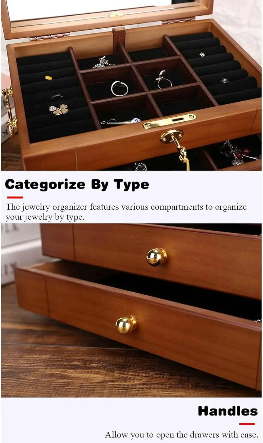 Women, Organizer Box of geology publish Solild Wood with Lock and Drawers for Big and Small Jewelry, Watches, Necklace, Ring,4-Layer-A(Layer-A) Wooden Jewelry Box for 