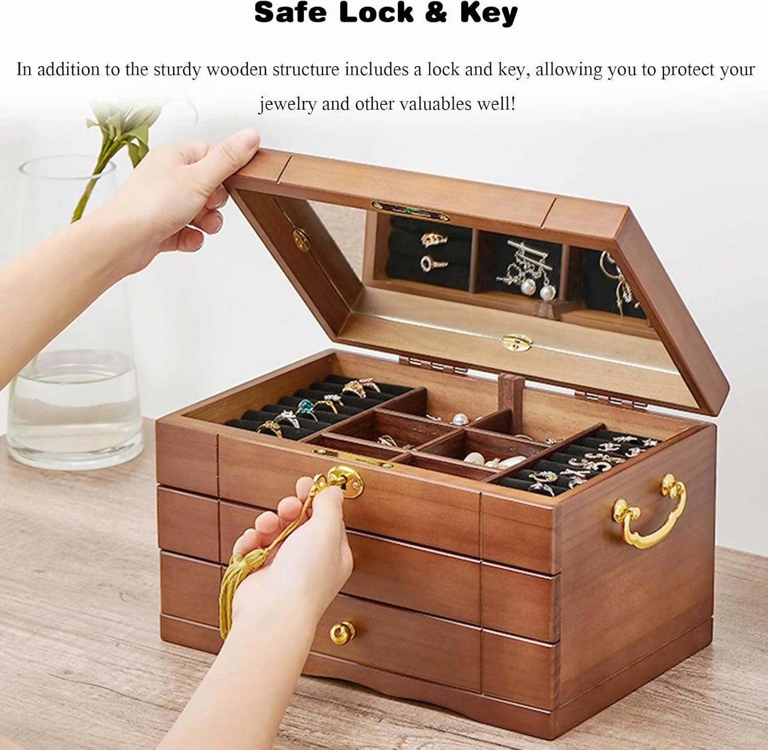 Women, Organizer Box of geology publish Solild Wood with Lock and Drawers for Big and Small Jewelry, Watches, Necklace, Ring,4-Layer-A(Layer-A) Wooden Jewelry Box for 