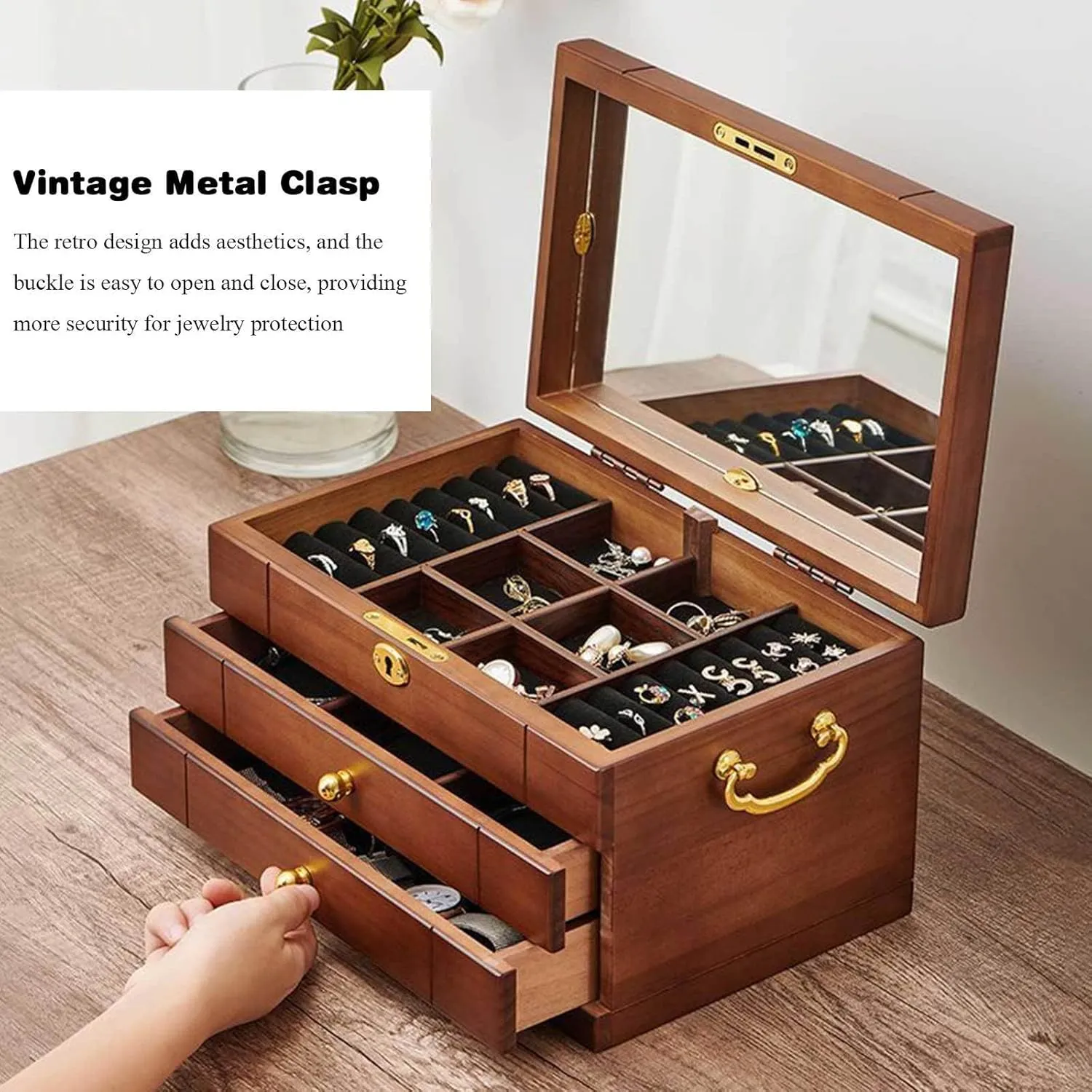 Women, Organizer Box of geology publish Solild Wood with Lock and Drawers for Big and Small Jewelry, Watches, Necklace, Ring,4-Layer-A(Layer-A) Wooden Jewelry Box for 