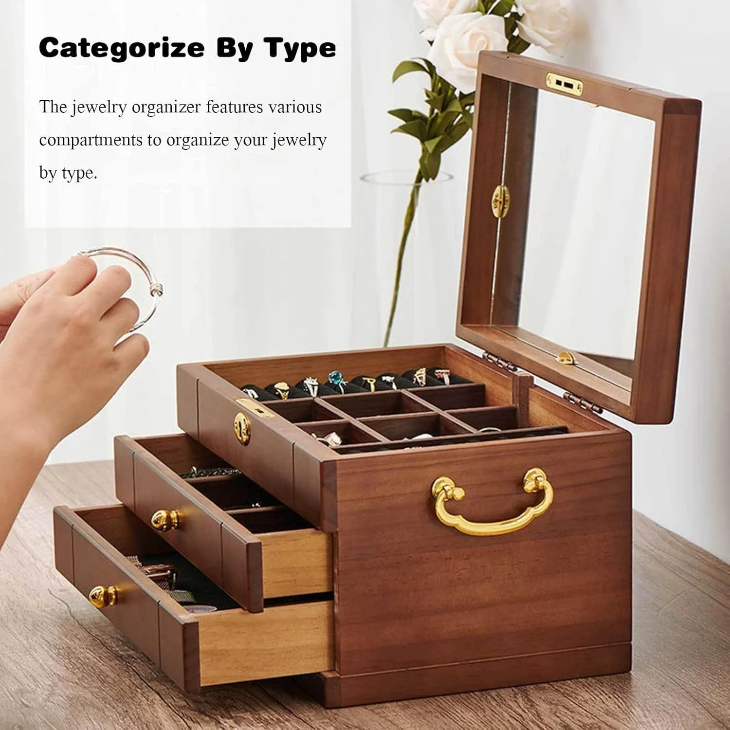 Women, Organizer Box of geology publish Solild Wood with Lock and Drawers for Big and Small Jewelry, Watches, Necklace, Ring,4-Layer-A(Layer-A) Wooden Jewelry Box for 