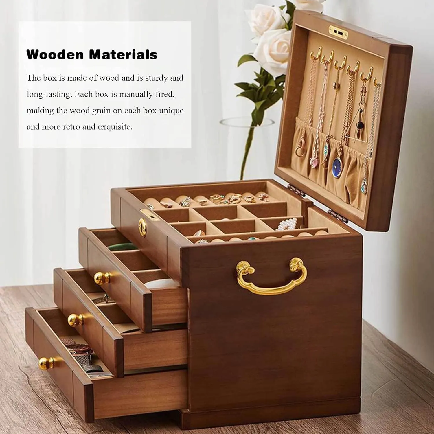 Women, Organizer Box of geology publish Solild Wood with Lock and Drawers for Big and Small Jewelry, Watches, Necklace, Ring,4-Layer-A(Layer-A) Wooden Jewelry Box for 