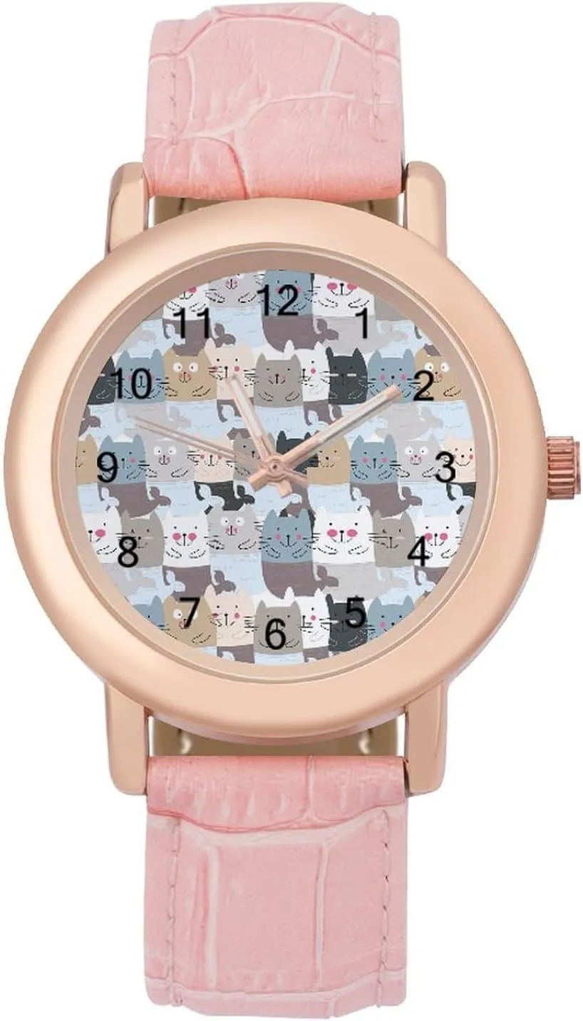 Women Pink Leather Band Watch Fashion inch Three-Hand Watch Gift for Ladies Cute Cat Mermaid Wrist Watches for 