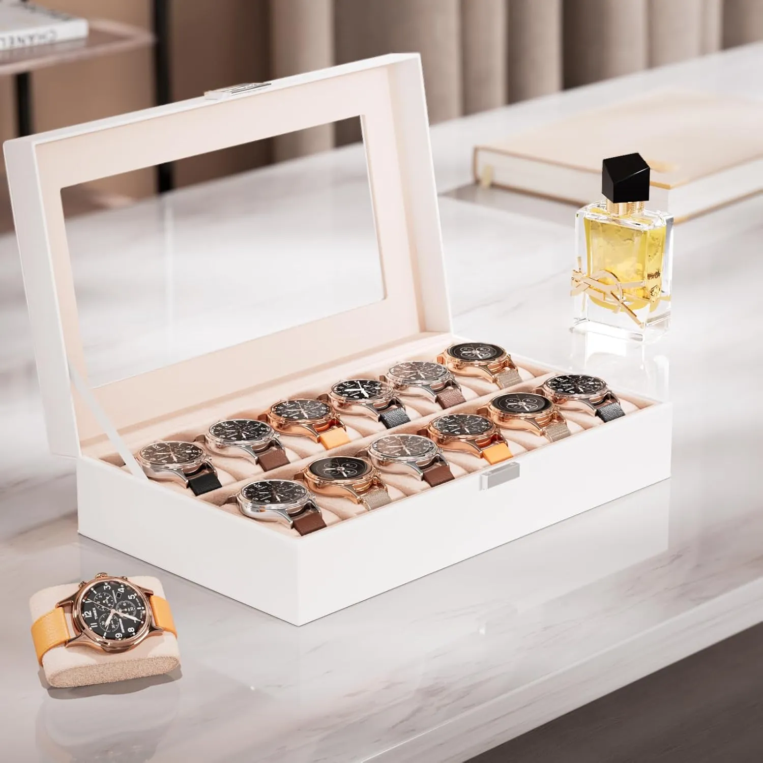 Women -White ProCase Watch Box Organizer for Men, 12 Slot Watch Display Case With Glass Lid, PU Leather Watch Storage Mens Watch Case, burrow bias Watch Holder Organizer Gift for Men 