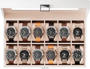 Women -White ProCase Watch Box Organizer for Men, 12 Slot Watch Display Case With Glass Lid, PU Leather Watch Storage Mens Watch Case, burrow bias Watch Holder Organizer Gift for Men 