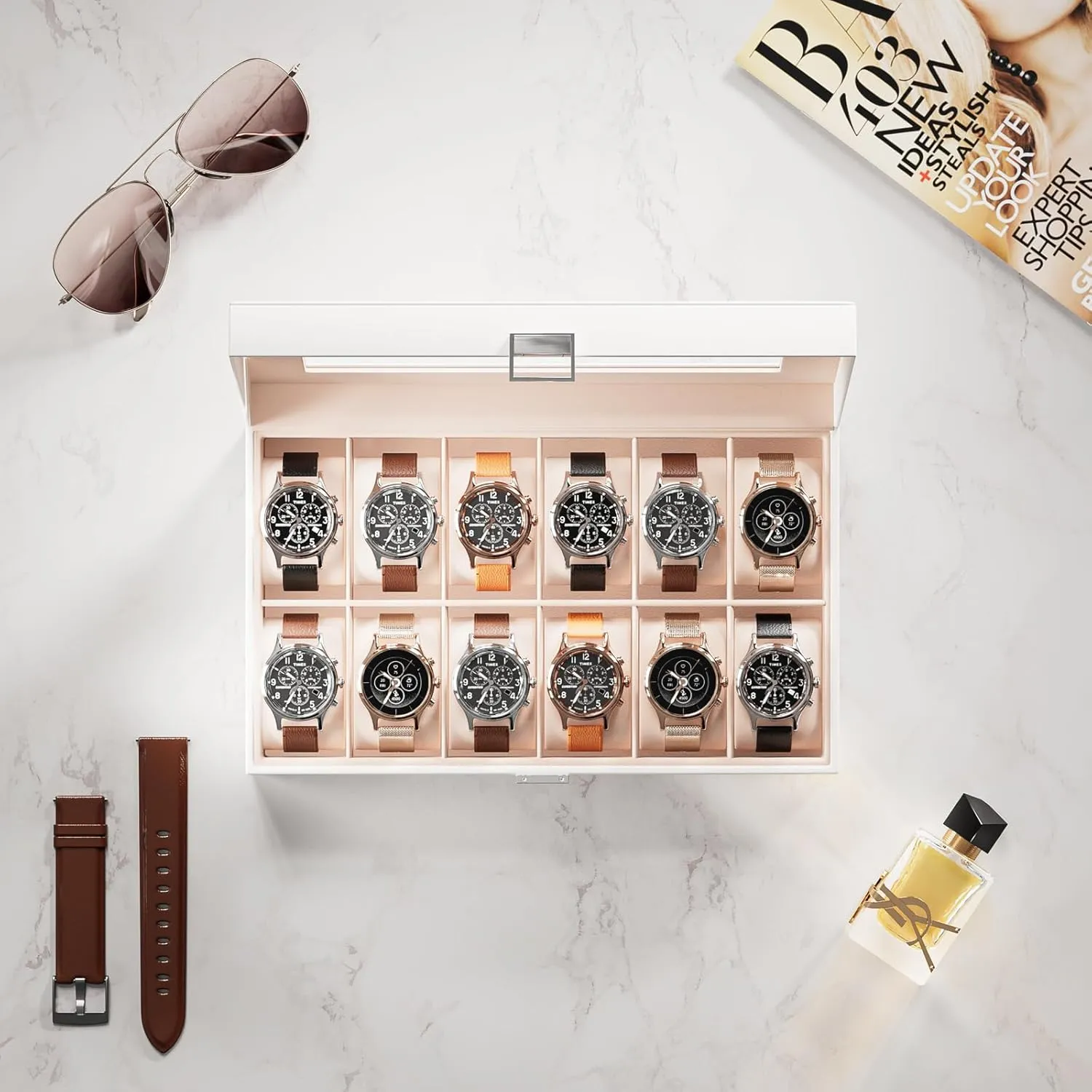 Women -White ProCase Watch Box Organizer for Men, 12 Slot Watch Display Case With Glass Lid, PU Leather Watch Storage Mens Watch Case, burrow bias Watch Holder Organizer Gift for Men 