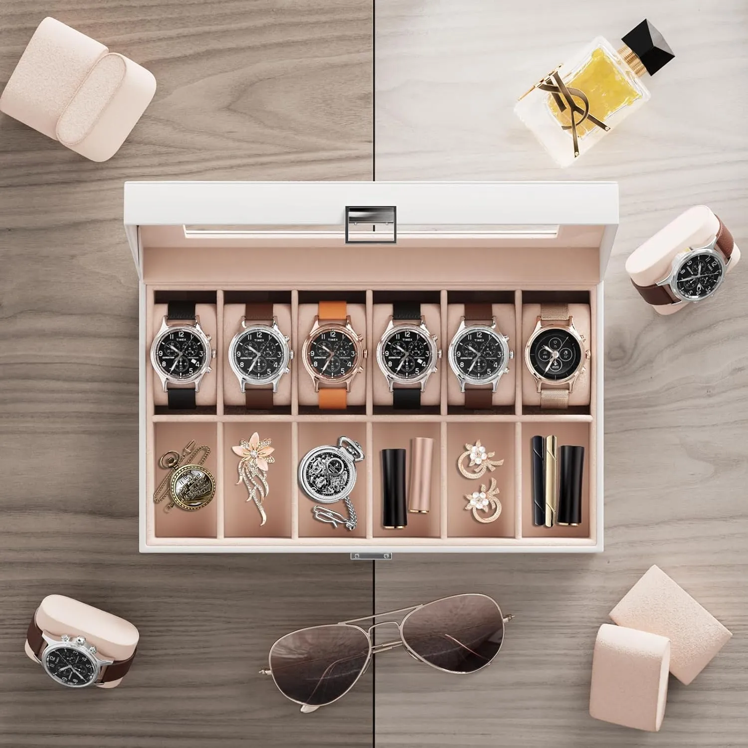 Women -White ProCase Watch Box Organizer for Men, 12 Slot Watch Display Case With Glass Lid, PU Leather Watch Storage Mens Watch Case, burrow bias Watch Holder Organizer Gift for Men 