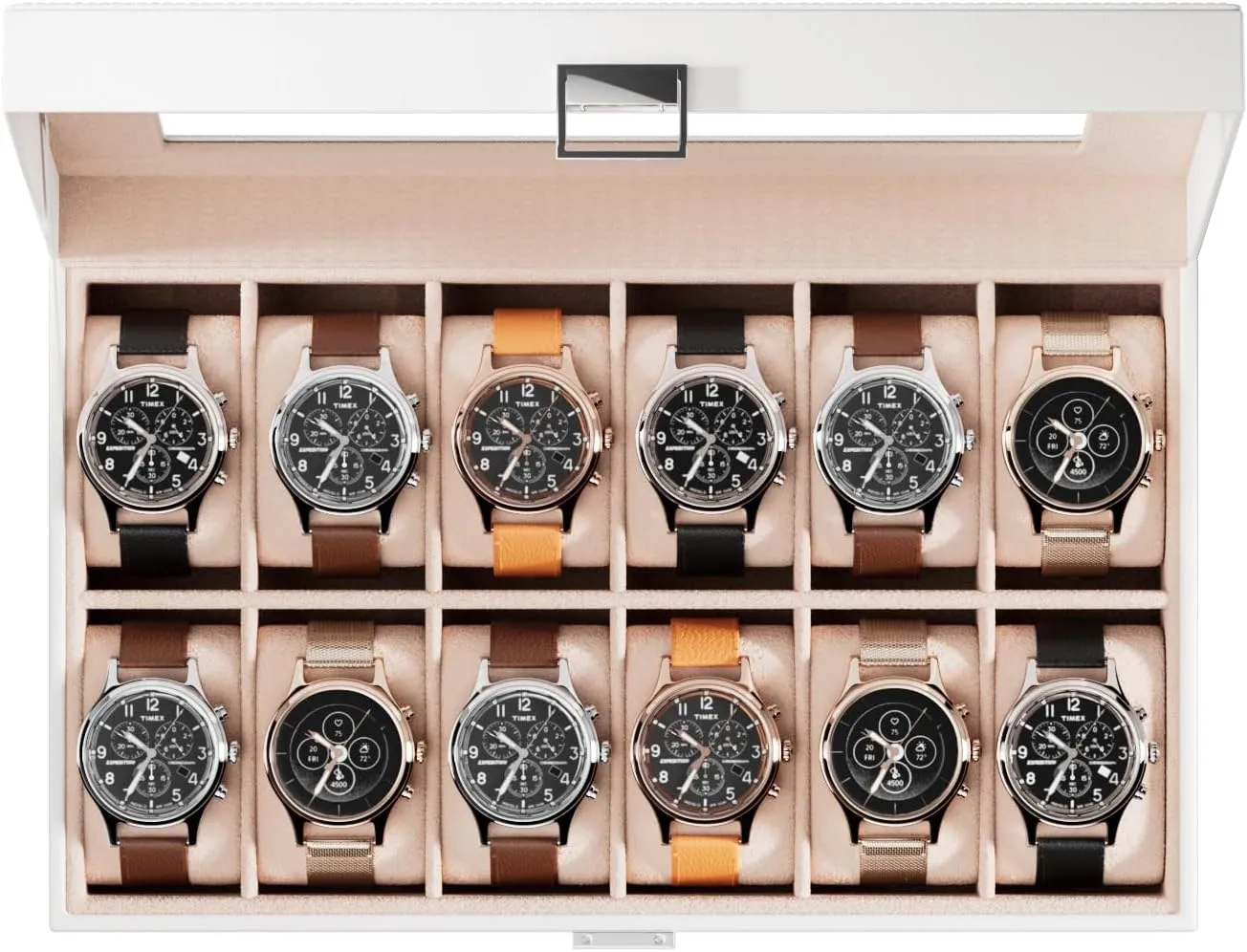 Women -White ProCase Watch Box Organizer for Men, 12 Slot Watch Display Case With Glass Lid, PU Leather Watch Storage Mens Watch Case, burrow bias Watch Holder Organizer Gift for Men 