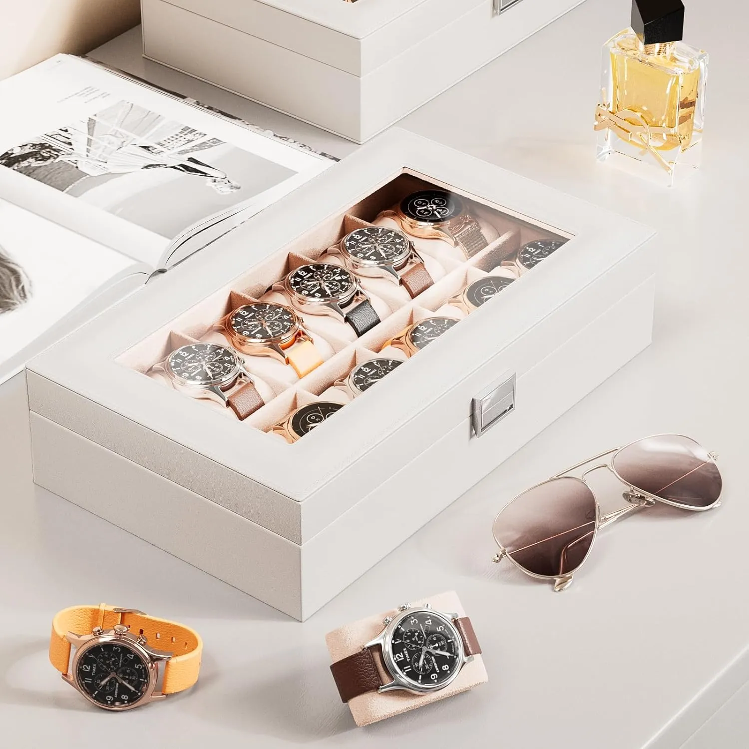 Women -White ProCase Watch Box Organizer for Men, 12 Slot Watch Display Case With Glass Lid, PU Leather Watch Storage Mens Watch Case, burrow bias Watch Holder Organizer Gift for Men 