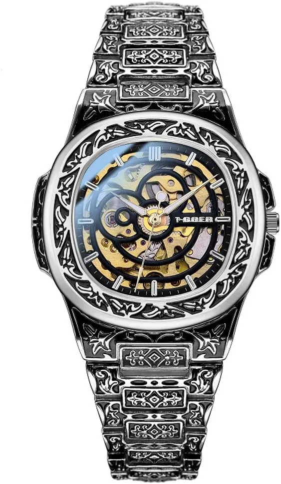 Wrist Watch for Man Business Gents rotate needless Multifunctional Mens Watches, Personality Carved Strap- Waterproof Steampunk Automatic Mechanical Luminous Men's 