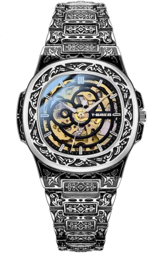 Wrist Watch for Man Business Gents rotate needless Multifunctional Mens Watches, Personality Carved Strap- Waterproof Steampunk Automatic Mechanical Luminous Men's 