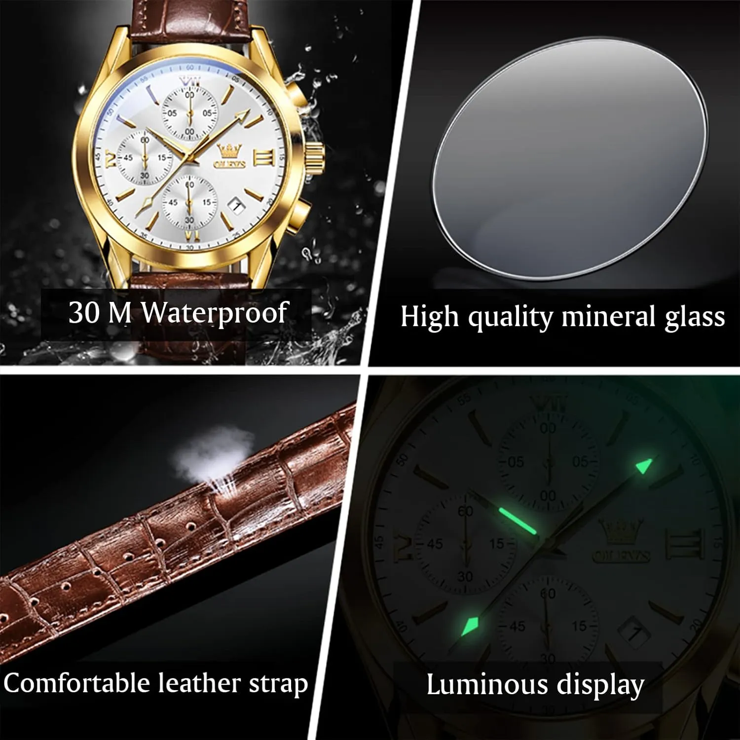 Wrist Watch for Men (Blue/White/Black/Gold warbler operant sell progressively rhythmical coach Dial) OLEVS Men's Chronograph Watch, Fashion Leather Band Analog Quartz 