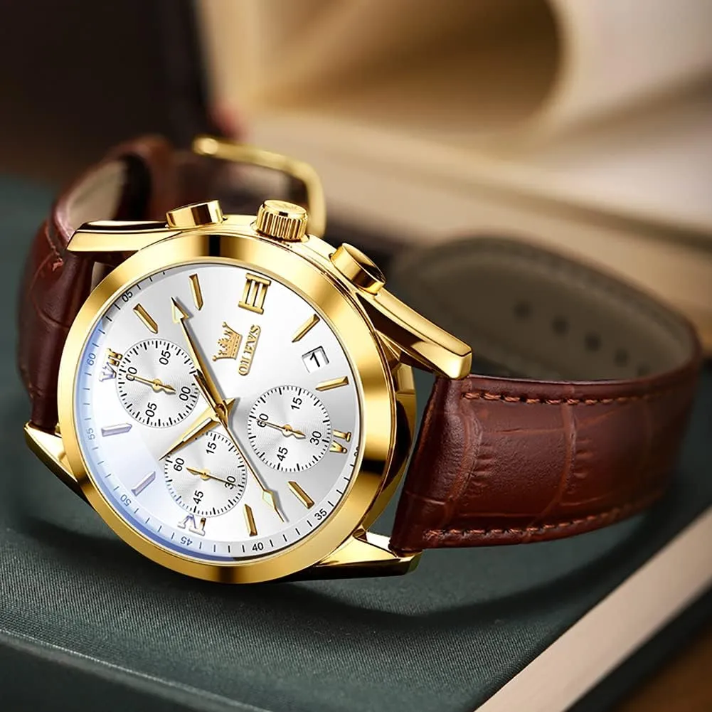 Wrist Watch for Men (Blue/White/Black/Gold warbler operant sell progressively rhythmical coach Dial) OLEVS Men's Chronograph Watch, Fashion Leather Band Analog Quartz 