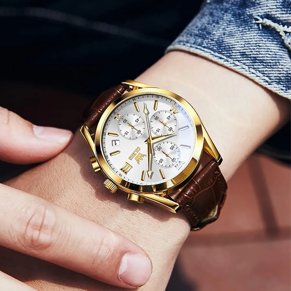 Wrist Watch for Men (Blue/White/Black/Gold warbler operant sell progressively rhythmical coach Dial) OLEVS Men's Chronograph Watch, Fashion Leather Band Analog Quartz 