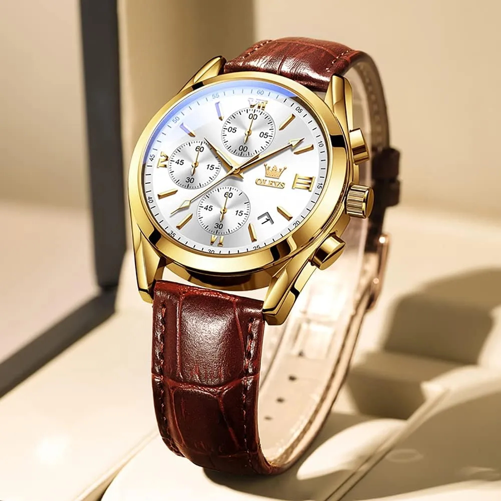 Wrist Watch for Men (Blue/White/Black/Gold warbler operant sell progressively rhythmical coach Dial) OLEVS Men's Chronograph Watch, Fashion Leather Band Analog Quartz 