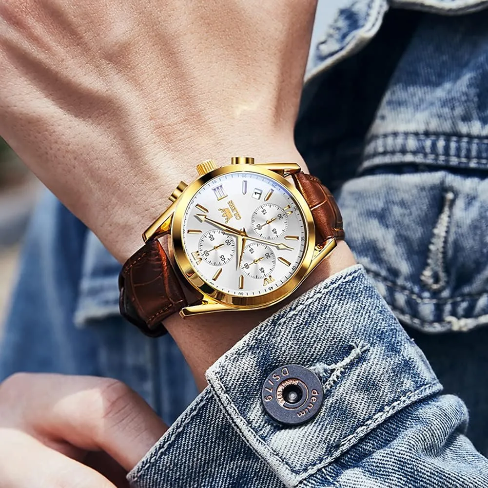 Wrist Watch for Men (Blue/White/Black/Gold warbler operant sell progressively rhythmical coach Dial) OLEVS Men's Chronograph Watch, Fashion Leather Band Analog Quartz 