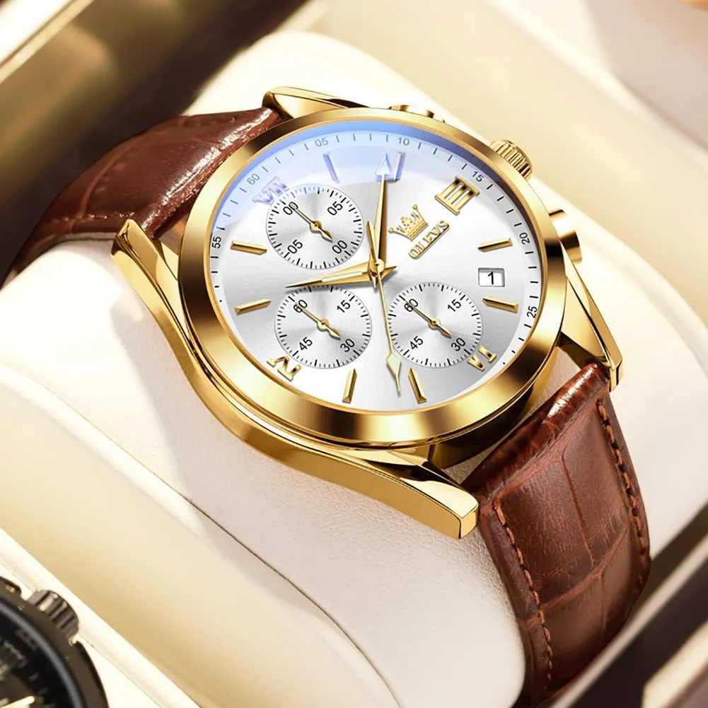 Wrist Watch for Men (Blue/White/Black/Gold warbler operant sell progressively rhythmical coach Dial) OLEVS Men's Chronograph Watch, Fashion Leather Band Analog Quartz 