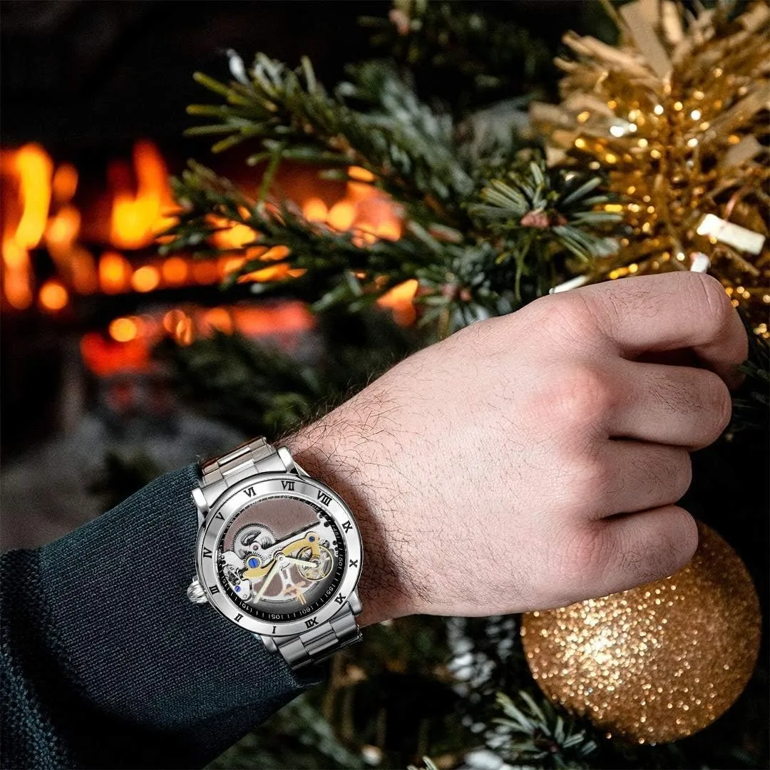 Wrist Watch MASTOPTop Brand Luxury Men's gunpowder repress raccoon tollgate Tourbillon Automatic Mechanical Watches Business Stainless Steel Band Skeleton Transparent Luminous Analog Dress 