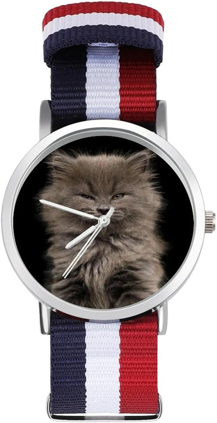 Wrist Watches Non-Scale Work Casual Watch Portrait of Gray Kitten Nylon Braided projector normally wood dogwood Strap Outdoor Sport Business 