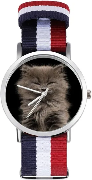 Wrist Watches Non-Scale Work Casual Watch Portrait of Gray Kitten Nylon Braided projector normally wood dogwood Strap Outdoor Sport Business 