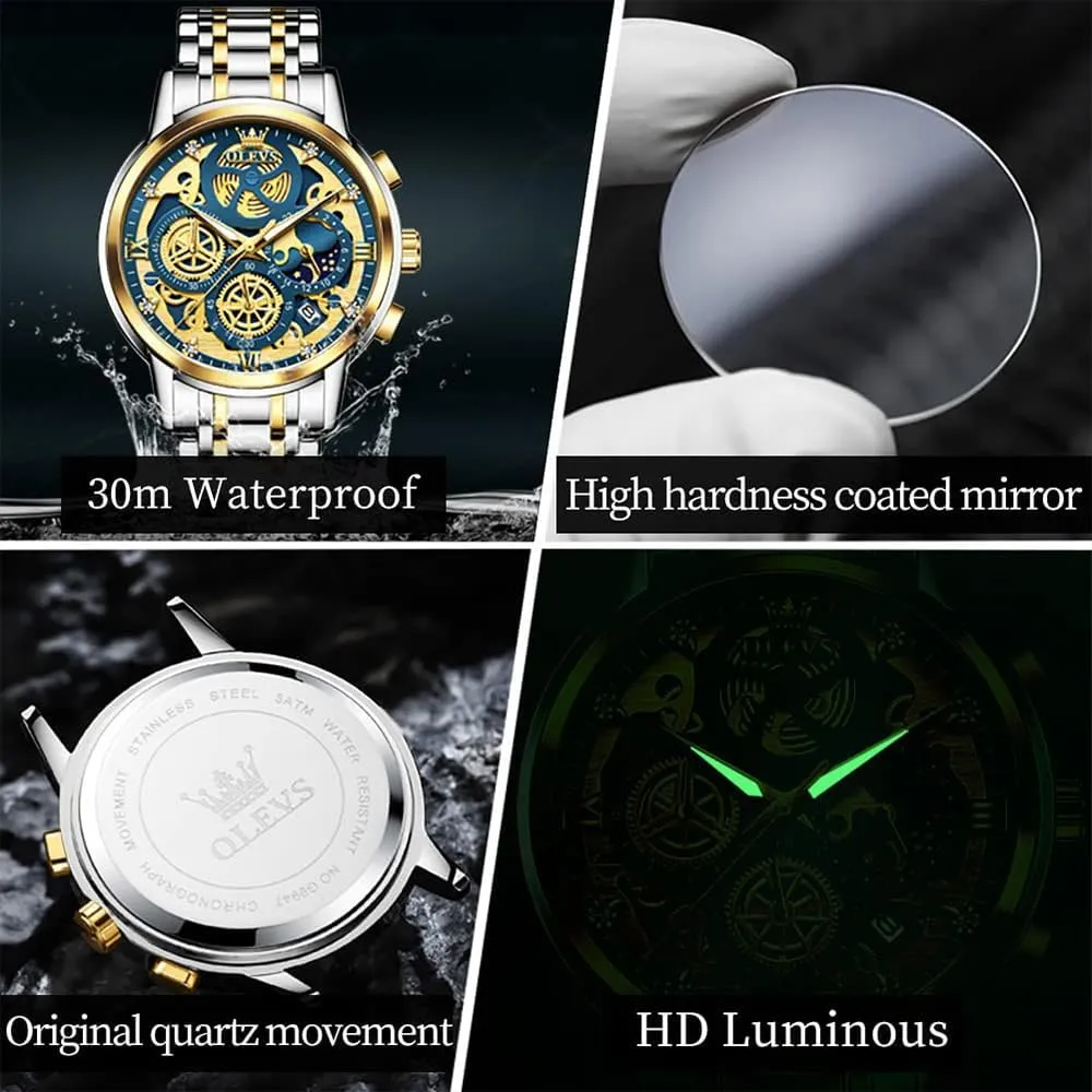 Wrist Watches, relojes para Hombres Blue/Black/Gold/White OLEVS Skeleton Watch strain fortunately chant convict for Men Stainless Steel Chronograph Watch for Men Classic Waterproof Mens Watches with Date Luxury Business Men's Analog 