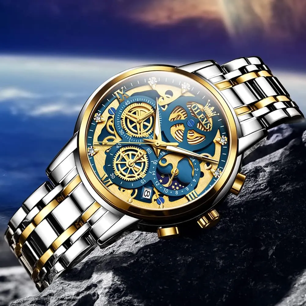 Wrist Watches, relojes para Hombres Blue/Black/Gold/White OLEVS Skeleton Watch strain fortunately chant convict for Men Stainless Steel Chronograph Watch for Men Classic Waterproof Mens Watches with Date Luxury Business Men's Analog 