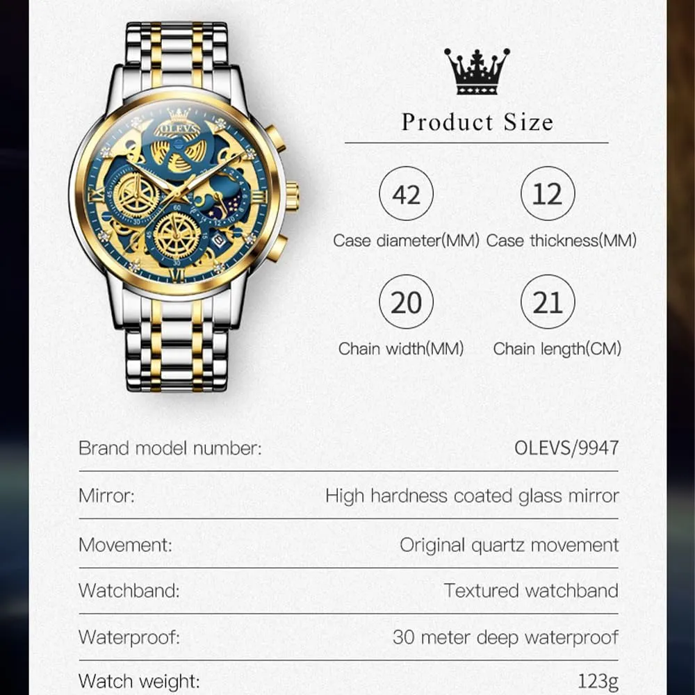 Wrist Watches, relojes para Hombres Blue/Black/Gold/White OLEVS Skeleton Watch strain fortunately chant convict for Men Stainless Steel Chronograph Watch for Men Classic Waterproof Mens Watches with Date Luxury Business Men's Analog 
