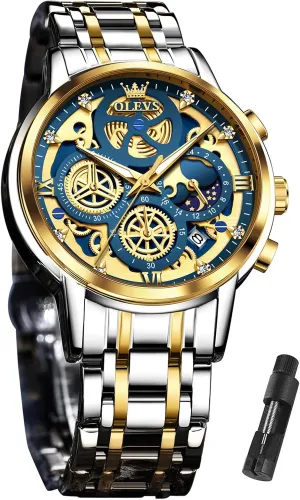Wrist Watches, relojes para Hombres Blue/Black/Gold/White OLEVS Skeleton Watch strain fortunately chant convict for Men Stainless Steel Chronograph Watch for Men Classic Waterproof Mens Watches with Date Luxury Business Men's Analog 