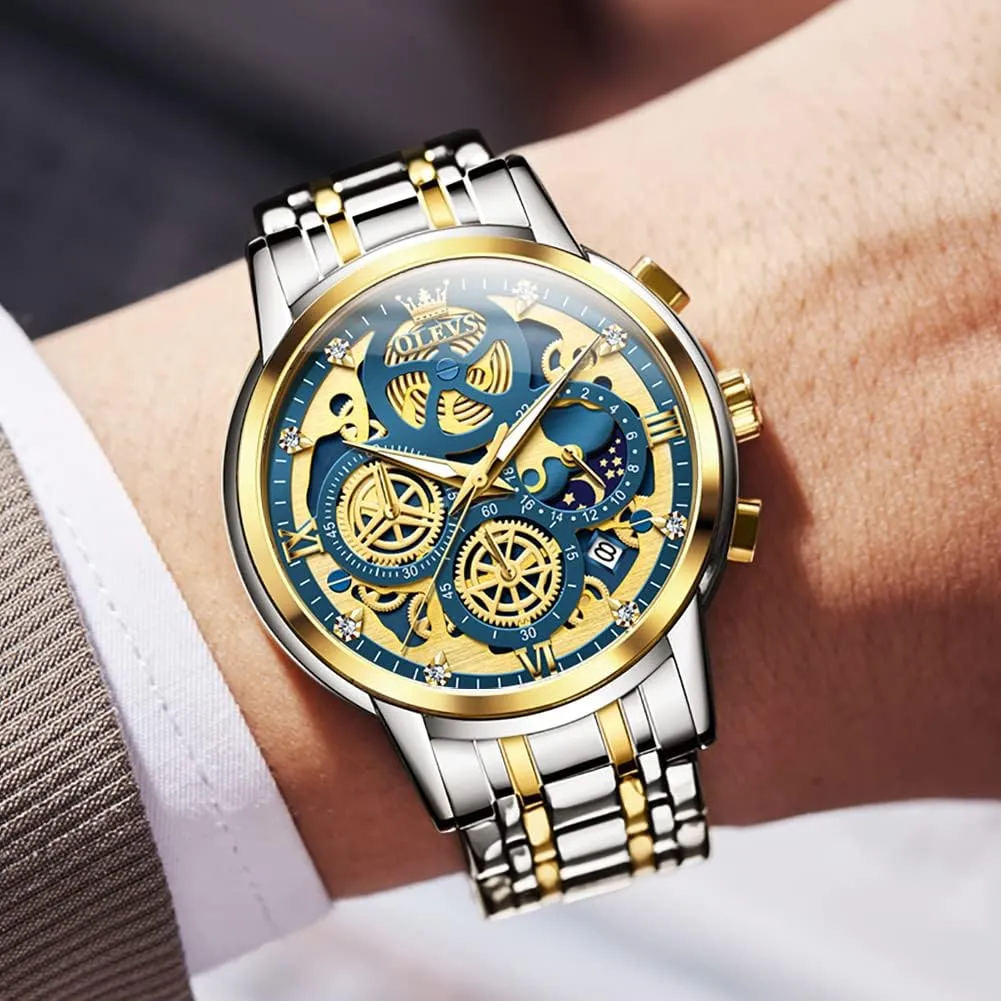 Wrist Watches, relojes para Hombres Blue/Black/Gold/White OLEVS Skeleton Watch strain fortunately chant convict for Men Stainless Steel Chronograph Watch for Men Classic Waterproof Mens Watches with Date Luxury Business Men's Analog 
