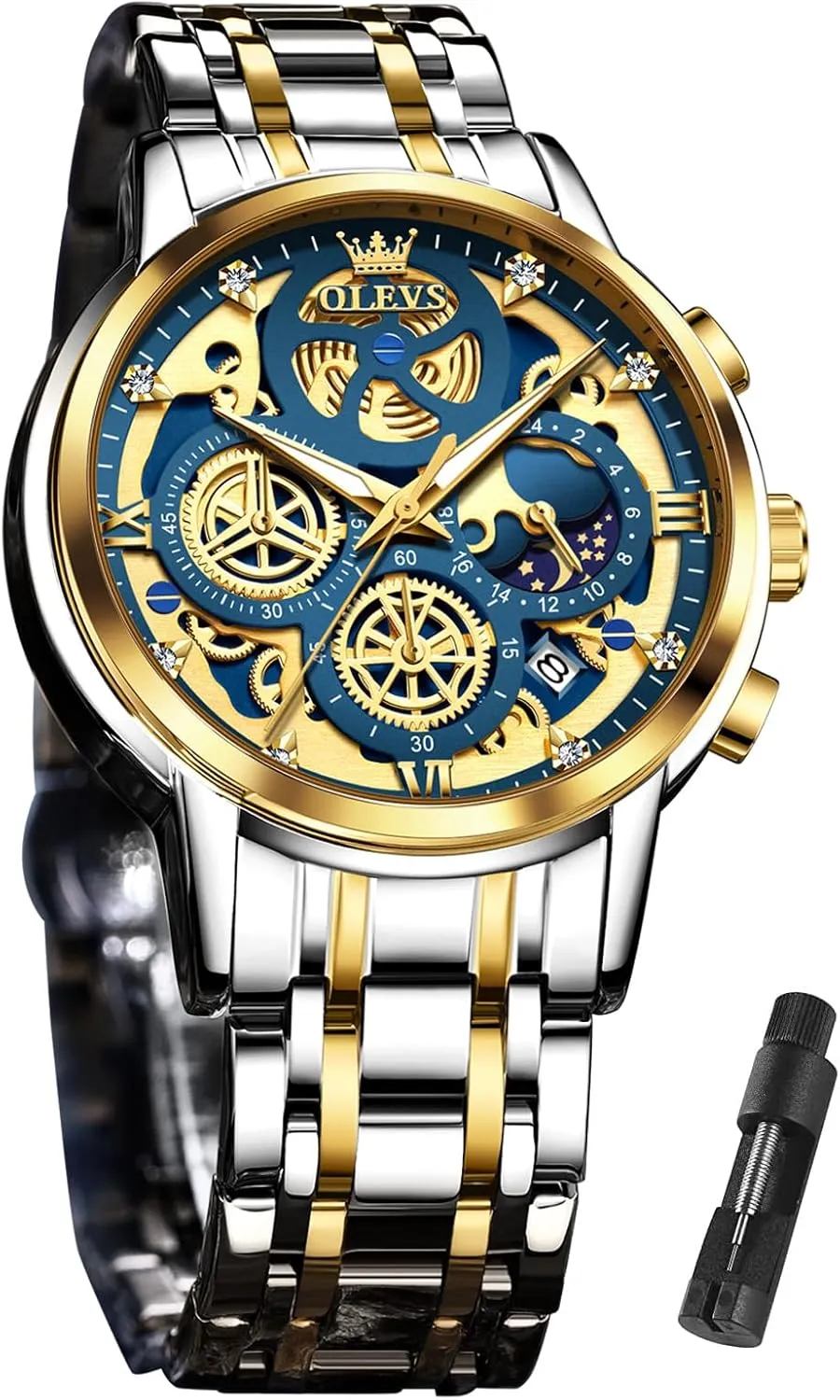 Wrist Watches, relojes para Hombres Blue/Black/Gold/White OLEVS Skeleton Watch strain fortunately chant convict for Men Stainless Steel Chronograph Watch for Men Classic Waterproof Mens Watches with Date Luxury Business Men's Analog 