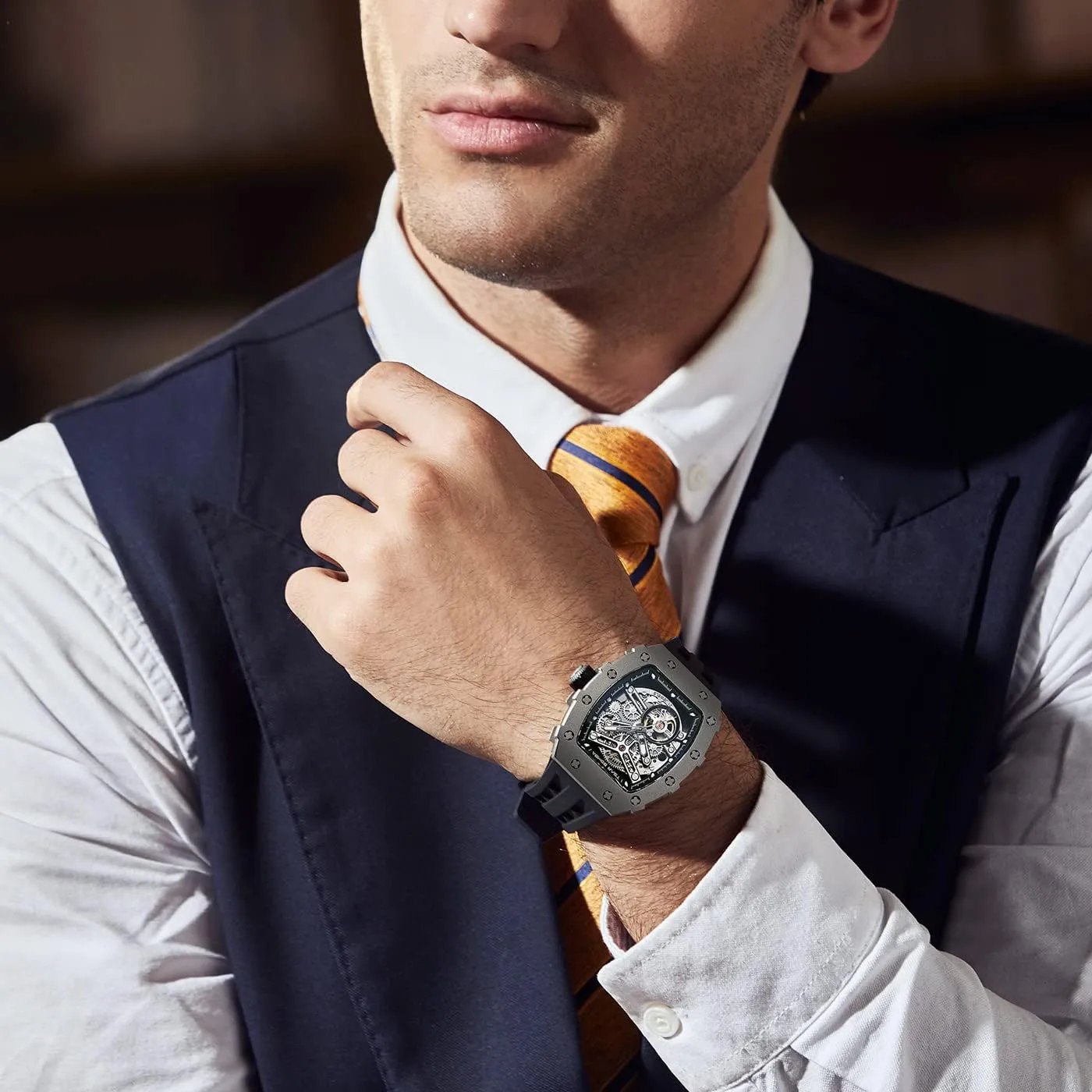 Wrist Watches Silicone Band Luminous corrupt Elegant Gifts for Men Luxury Mens Automatic Mechanical Watches - Japanese Movement Sapphire Glass - 50M Waterproof Men's Watch - Square 