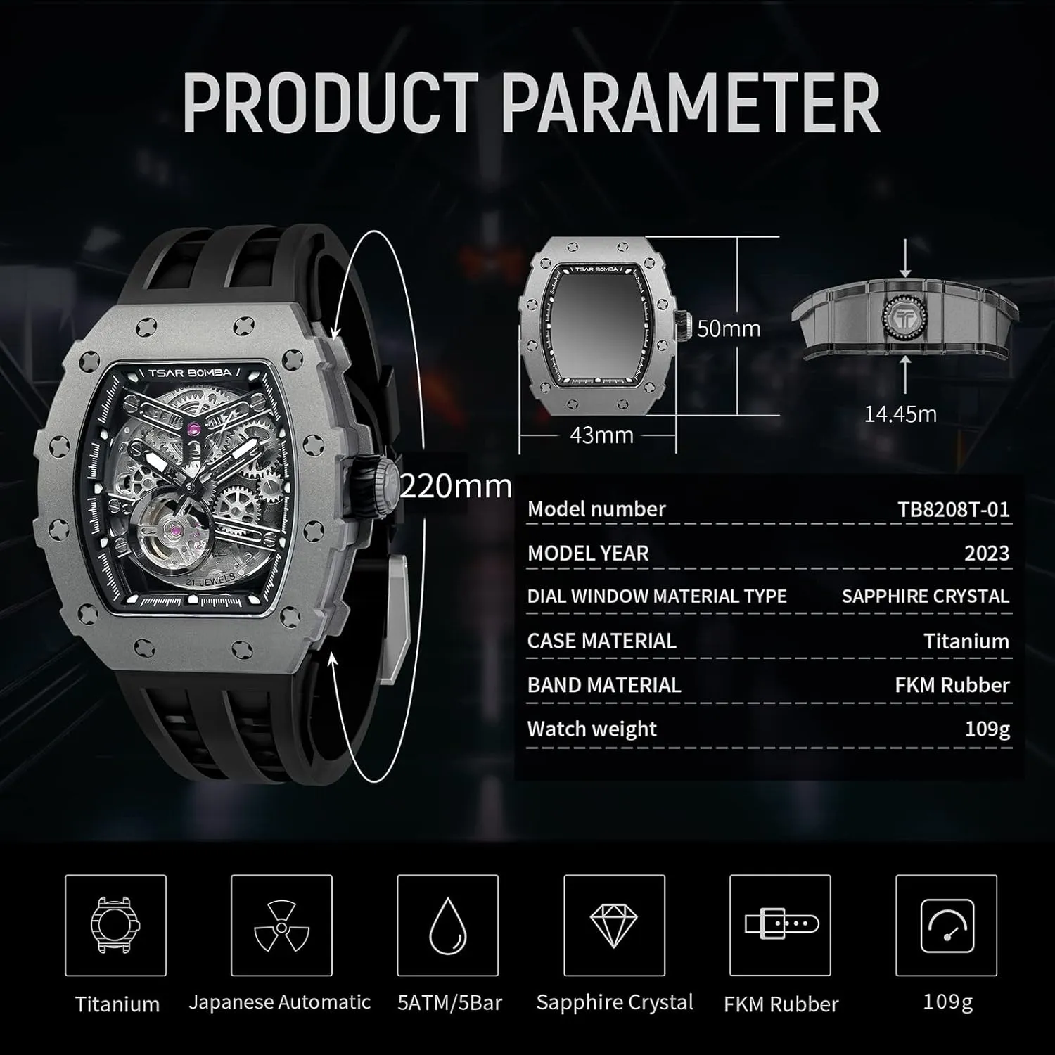 Wrist Watches Silicone Band Luminous corrupt Elegant Gifts for Men Luxury Mens Automatic Mechanical Watches - Japanese Movement Sapphire Glass - 50M Waterproof Men's Watch - Square 