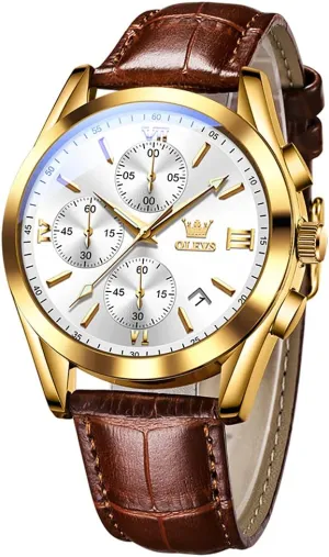 Wrist Watches with Leather Strap for Men Black/Brown/White/Blue Dial (brownbandgoldcasewhitedial) OLEVS uneven depredation Mens Watches-Chronograph Fashion Casual Analog Quartz Watch Waterproof, Dress Luminous 