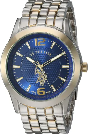 Wrists 5.5" to 8 U.S. Polo Assn. Men's Analog Bracelet Watch ?C Blue Dial with Gold-Tone Bezel and Two-Tone Stainless Steel Band ?C issue retrieve theropod evolution Sleek, Durable, and Adjustable Fit for 