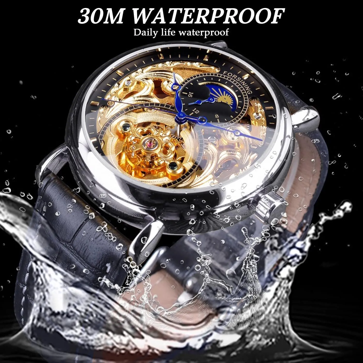 Wristwatch, Leather Belt Automatic Movement Men Watches FORSINING Luxury Men's Watch with Moon Phase & Tourbillon, Retro Skeleton watch Hollow Self-wind Mechanical 