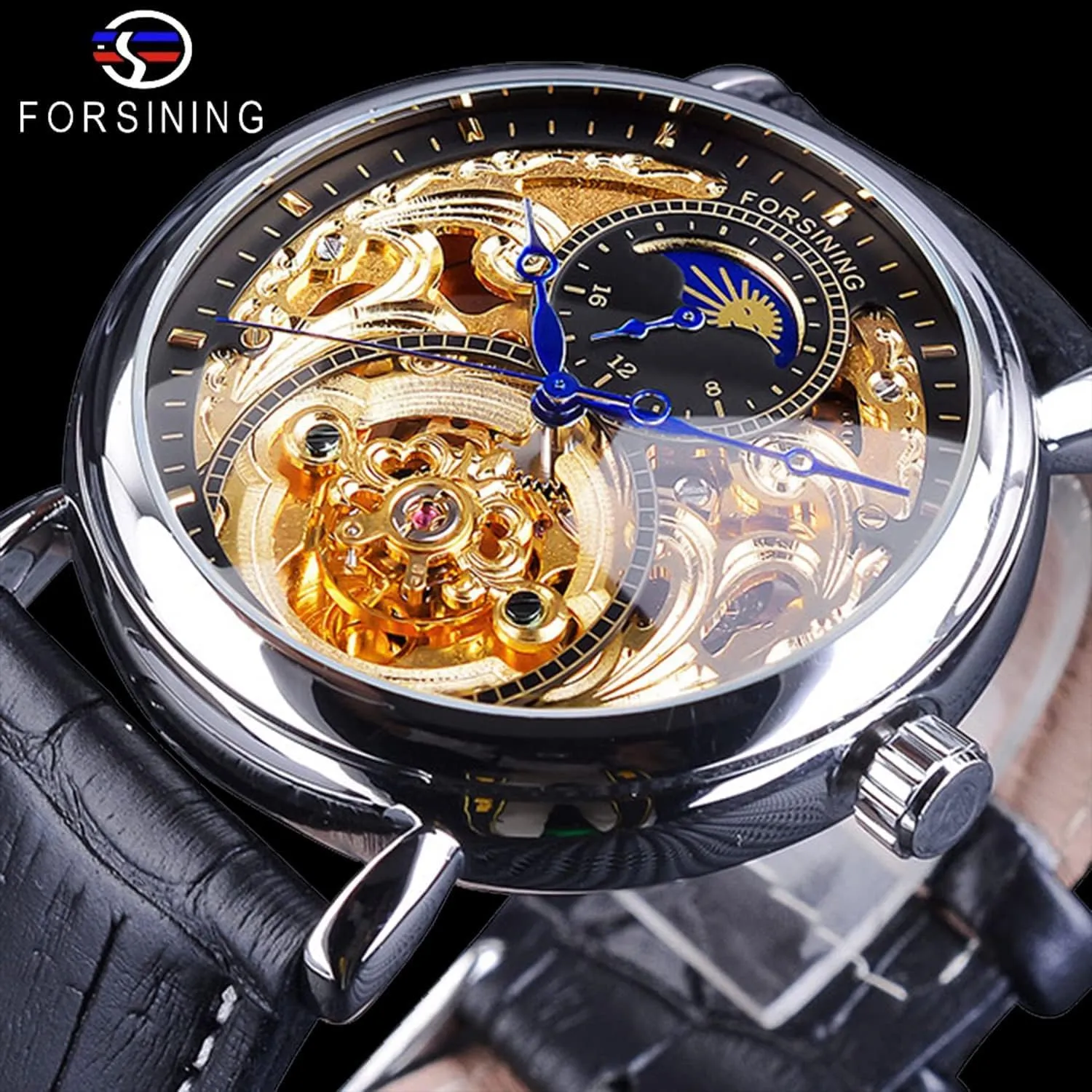 Wristwatch, Leather Belt Automatic Movement Men Watches FORSINING Luxury Men's Watch with Moon Phase & Tourbillon, Retro Skeleton watch Hollow Self-wind Mechanical 