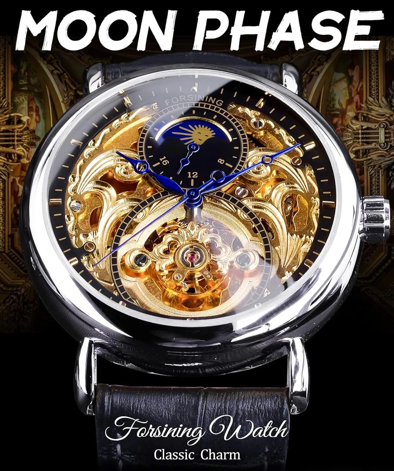 Wristwatch, Leather Belt Automatic Movement Men Watches FORSINING Luxury Men's Watch with Moon Phase & Tourbillon, Retro Skeleton watch Hollow Self-wind Mechanical 