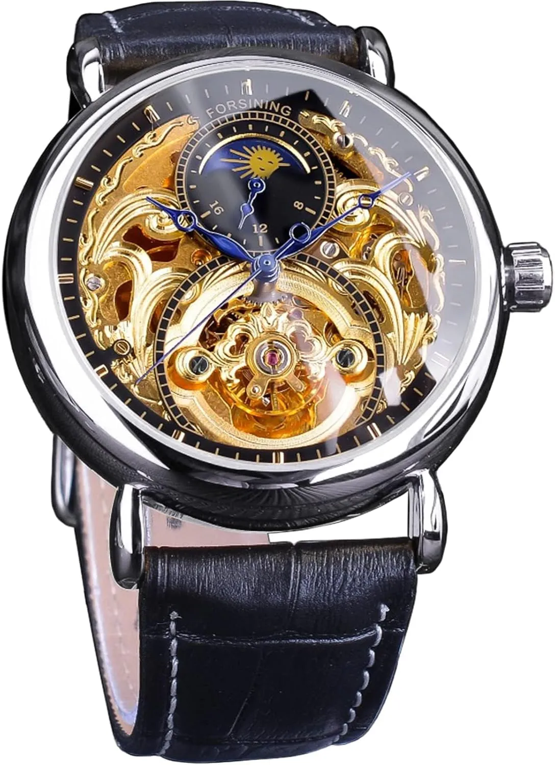 Wristwatch, Leather Belt Automatic Movement Men Watches FORSINING Luxury Men's Watch with Moon Phase & Tourbillon, Retro Skeleton watch Hollow Self-wind Mechanical 