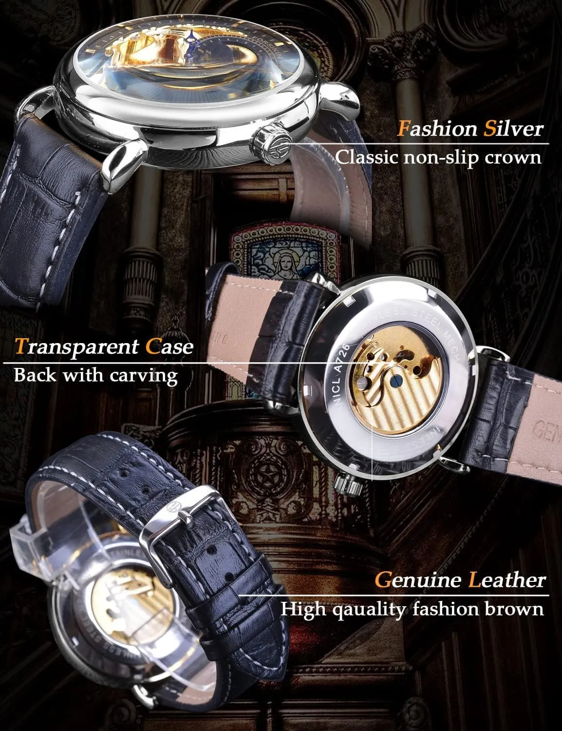 Wristwatch, Leather Belt Automatic Movement Men Watches FORSINING Luxury Men's Watch with Moon Phase & Tourbillon, Retro Skeleton watch Hollow Self-wind Mechanical 