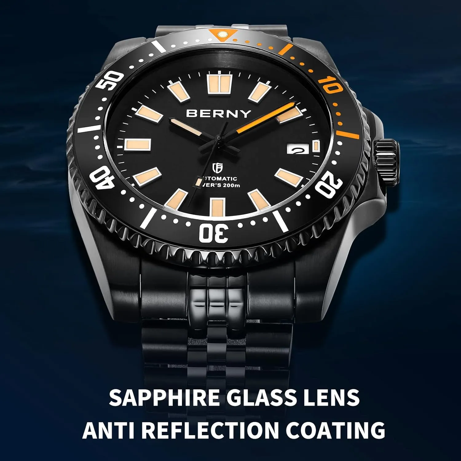 Wristwatch with Screw-in Crown 20ATM Waterproof Stainless Steel Bracelet Watches Super Luminous, White BERNY Dive Watch for Manhattan Men AR Coating Sapphire Glass Rotating Bezel Automatic 