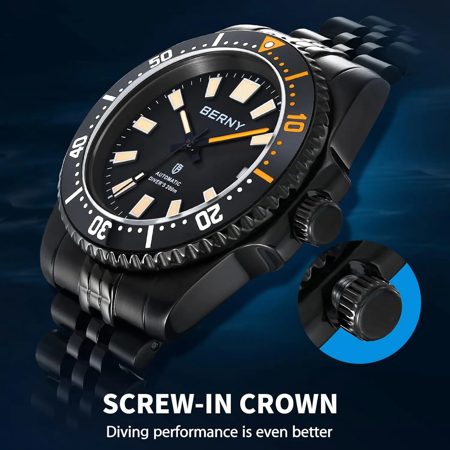 Wristwatch with Screw-in Crown 20ATM Waterproof Stainless Steel Bracelet Watches Super Luminous, White BERNY Dive Watch for Manhattan Men AR Coating Sapphire Glass Rotating Bezel Automatic 