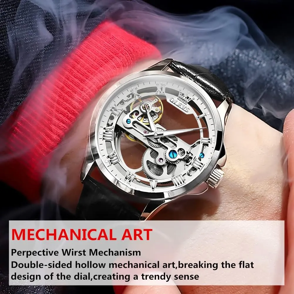 Young Men Watch Fashion Brand self Winding Watches for Men OLEVS selfish column due Leather Automatic Watches for 